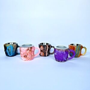 Lot of 5 Resin Mineral Crystal Style Coffee Mugs Stainless Steel Lined 3.5"x3"